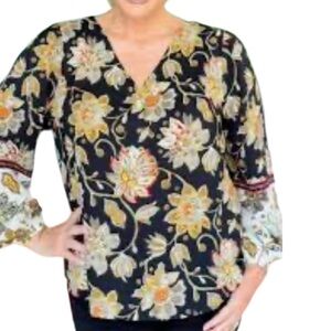 Floral V-Neck Women's Top - Black and Yellow